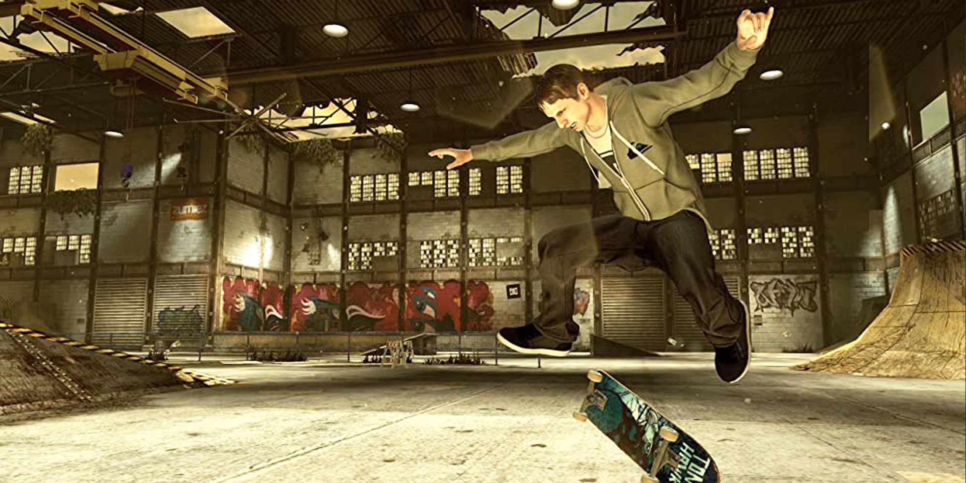 Tony Hawk executa um kickflip.