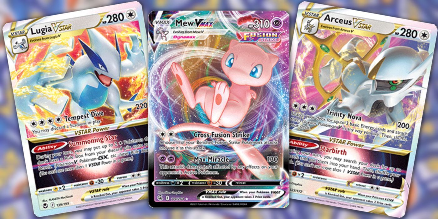 2 das principais cartas da temporada 2022-2023 do Pokémon Estampas Ilustradas: Lugia-VSTAR, Mew-VMAX e Arceus-VSTAR