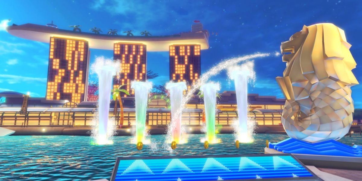 Cinco gêiseres coloridos iluminam o caminho do planador no Tour Singapore Speedway em Mario Kart 8 Deluxe