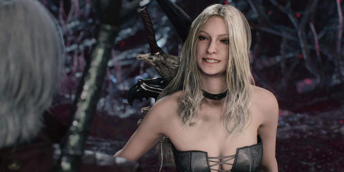 Trish sorrindo para Dante em Devil May Cry 5.