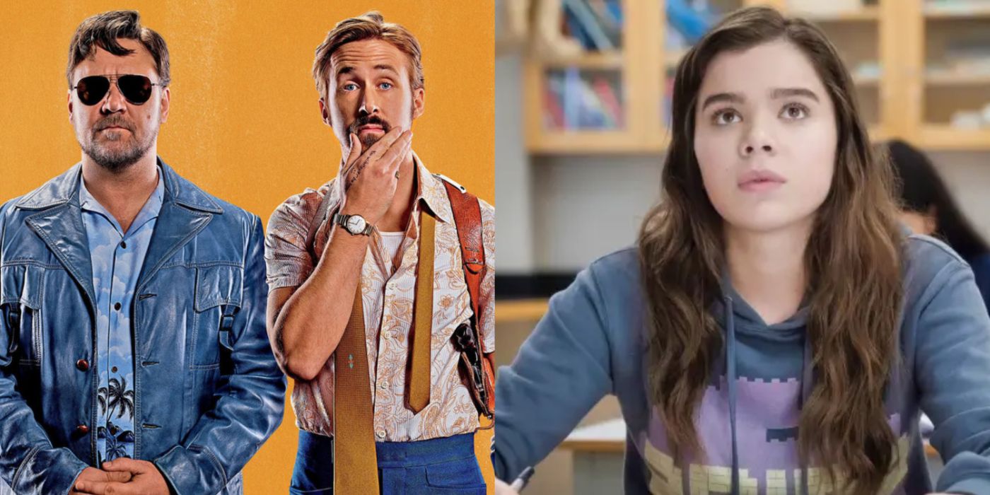 Russell Crowe and Ryan Gosling in The Nice Guys and Hailee Steinfeld looking up in The Edge of Seventeen. 