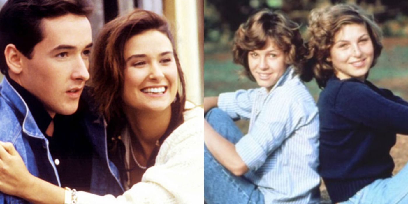 John Cusack and Demi Moore embracing in One Crazy Summer and Tatum O'Neal and Kristy McNichol back to back in Little Darlings.