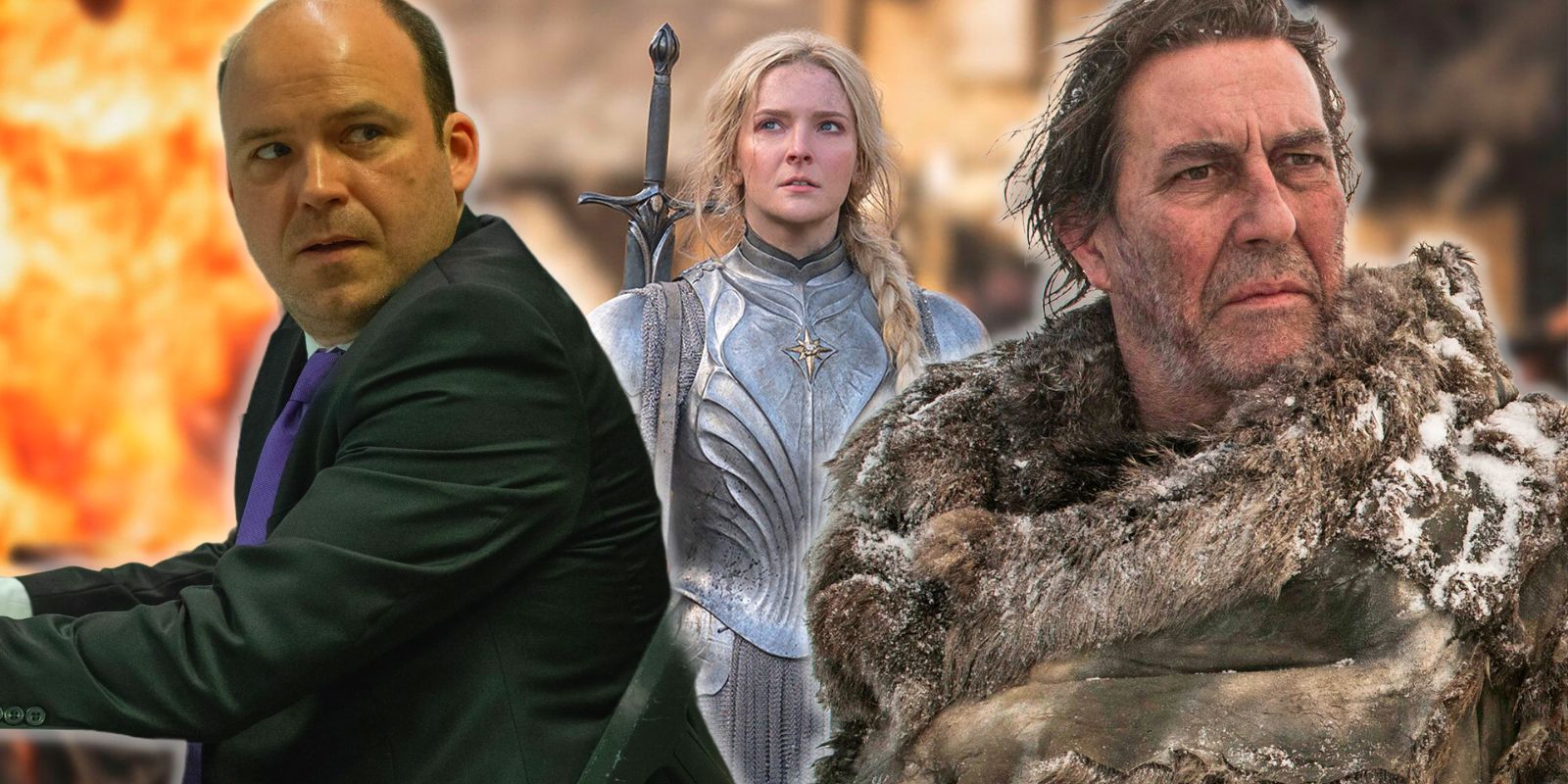 Rory Kinnear, Ciaran Hinds next to Galadriel in LOTR: The Rings of Power