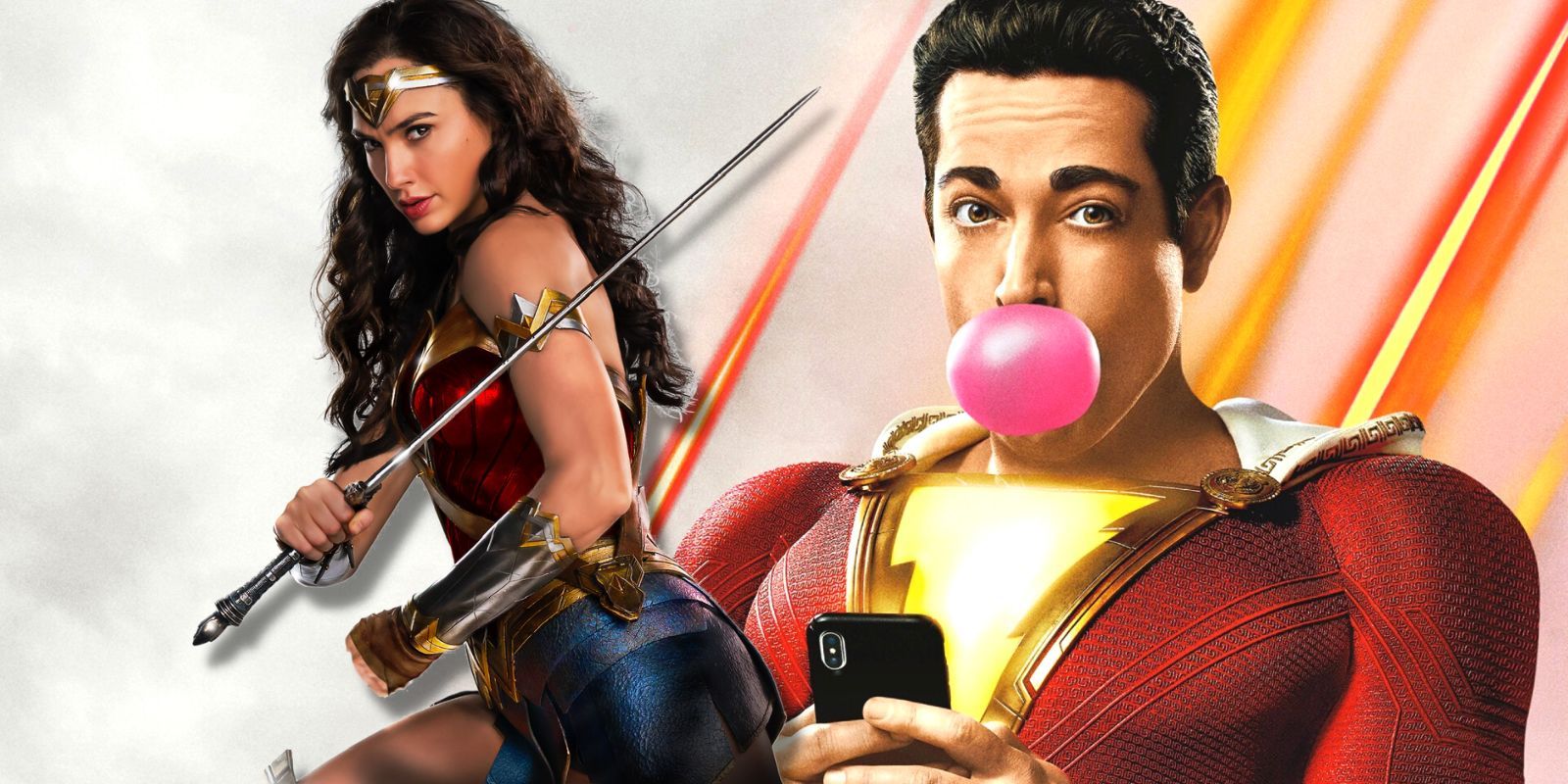 Wonder Woman using her sword alongside Shazam blowing bubble gum