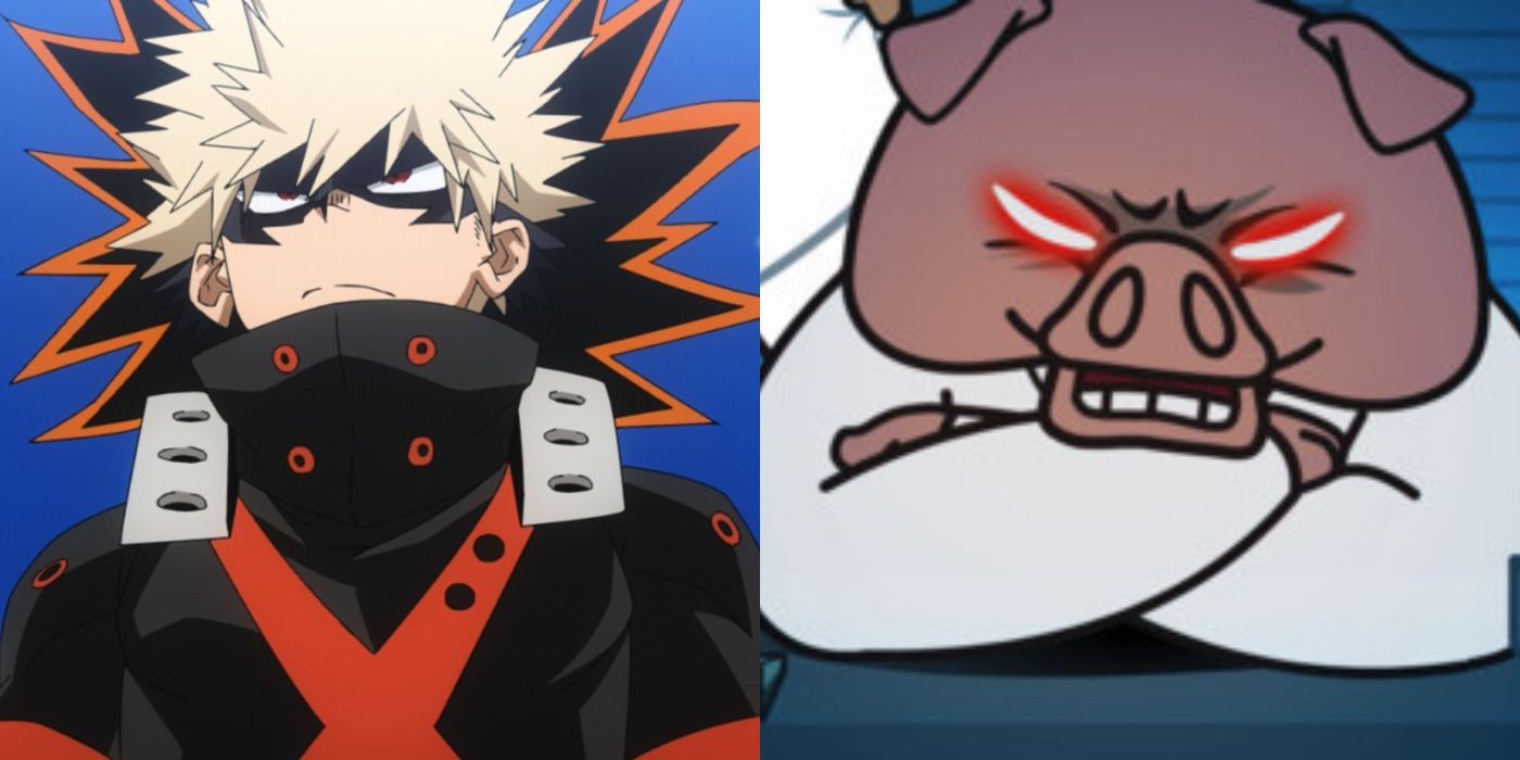 Katsuki Bakugo in his winter hero costume from My Hero Academia; Mr. Ton with glowing red eyes and crossed arms at his desk int he accounting department from Aggretsuko. 