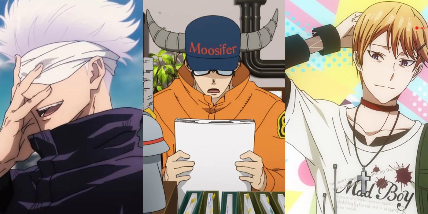 Satoru Gojo with a bandage on his eyes and clutching his face from Jujutsu Kaisen; Takehisa Hinawa from Fire Force wearing his Moosifer hat with horns and doing paper work; Miyuki Shirogane showing off his cringey style with a “Mad Boy” T-shirt, cross necklace, and green shirt with cuffs loosely sewn together from Kaguya-sama: Love is War. 