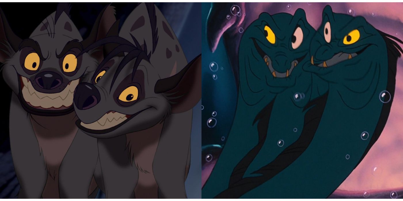 Banzai and Shenzi smiling widely from The Lion King; Flotsam and Jetsam conspiring from The Little Mermaid.