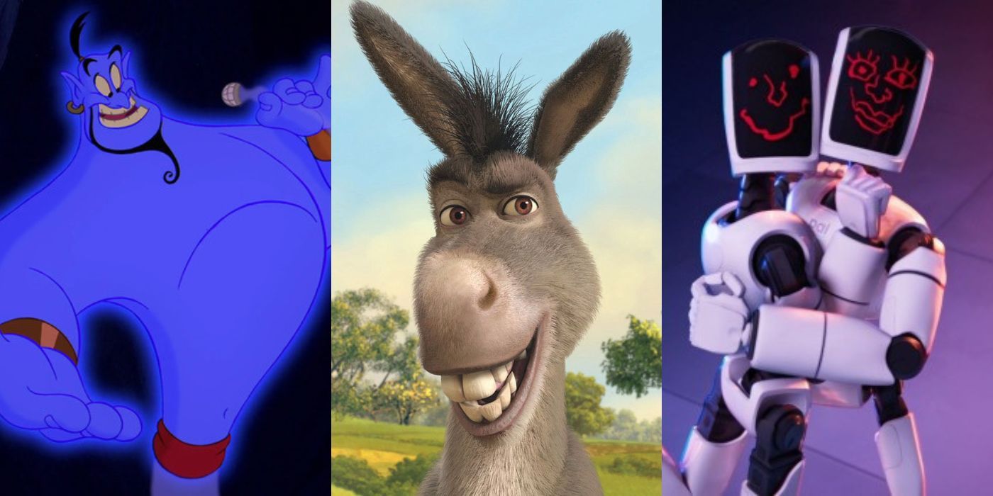 Genie telling jokes on a microphone from Aladdin; Donkey smiling from Shrek; Eric and Deborahbot 5000 hugging each other from The Mithchells vs The Machines.