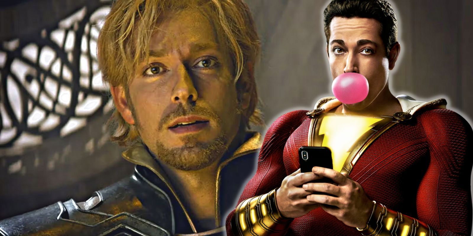 Zachary Levi looking concerned as Fandral opposite a smug Shazam