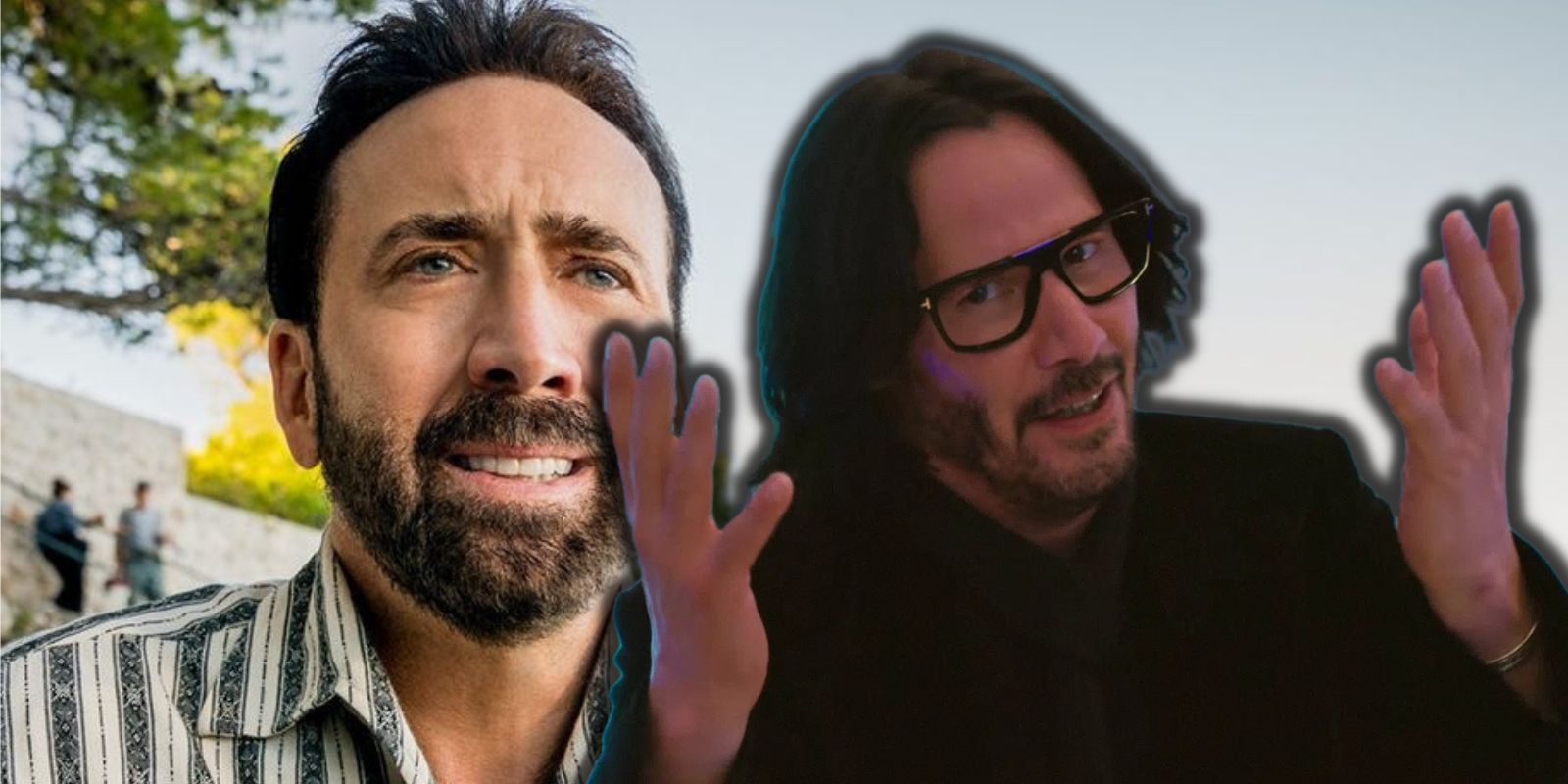Nicolas Cage looking terrified of a casual Keanu Reeves