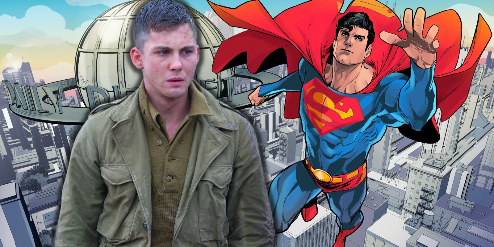 A shocked Logan Lerman in green clothes next to Superman flying above the Dailey Planet