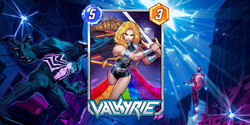 Cartão Valkyrie Marvel Snap com fundo Marvel Snap.