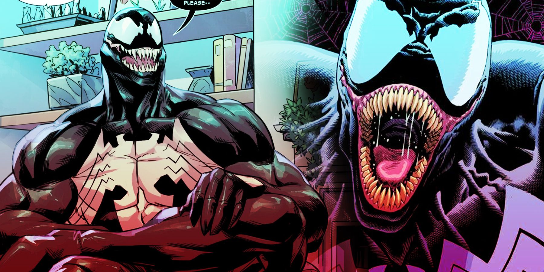 On the left, Venom sits casually with legs crossed. On the right, Venom is bursting forward with mouth wide open.
