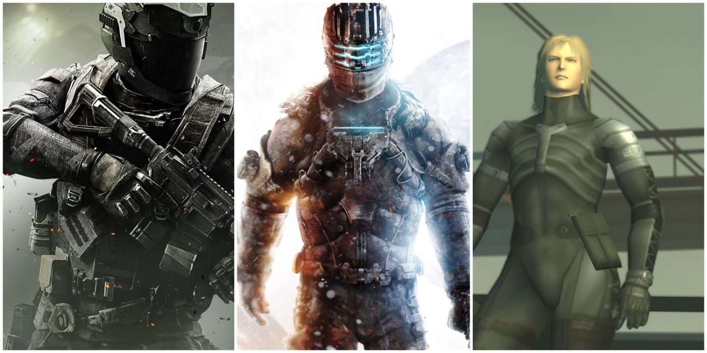 A split image showing Call of Duty: Infinite Warfare, Isaac Clarke in Dead Space 3, and Raiden in Metal Gear Solid 2: Sons of Liberty