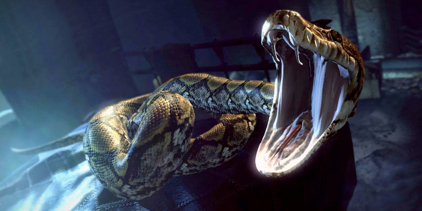 Voldemort's snake, Nagini, opening her mouth to attack in Harry Potter