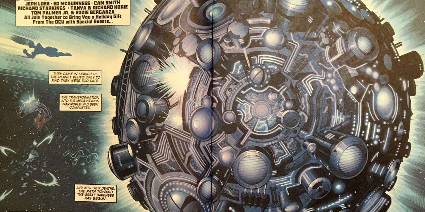 The giant, mechanical world of Warworld is in space in DC Comics