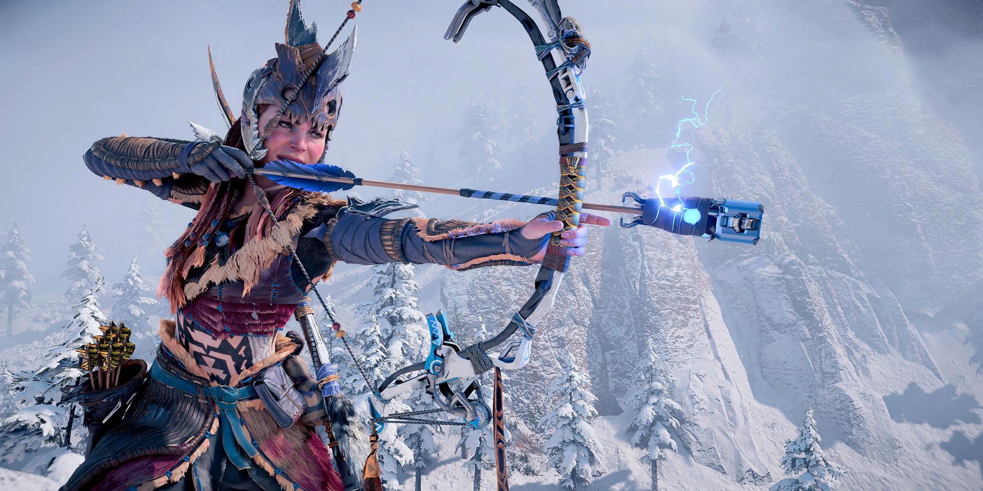 Horizon Forbidden West Aloy aiming bow in snow