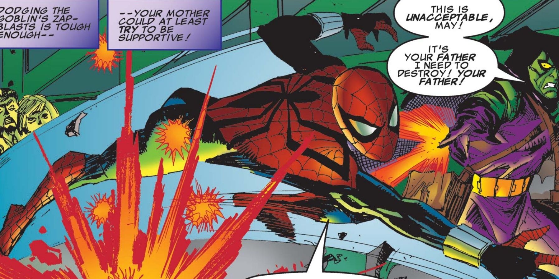 Spider-Girl dodges Green Goblin's zap-blasts