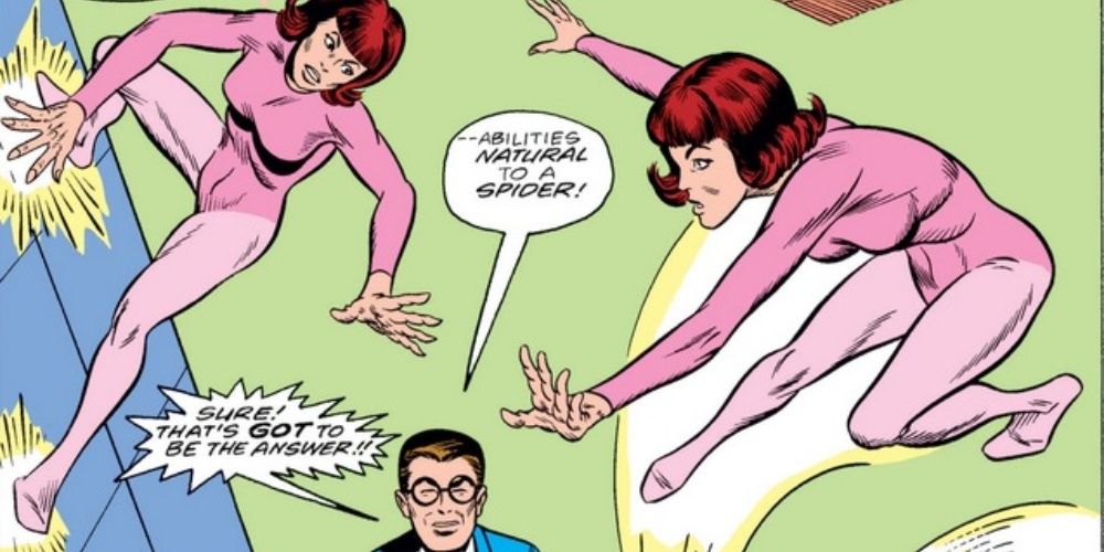 Betty Brant displays her spider powers to Peter Parker