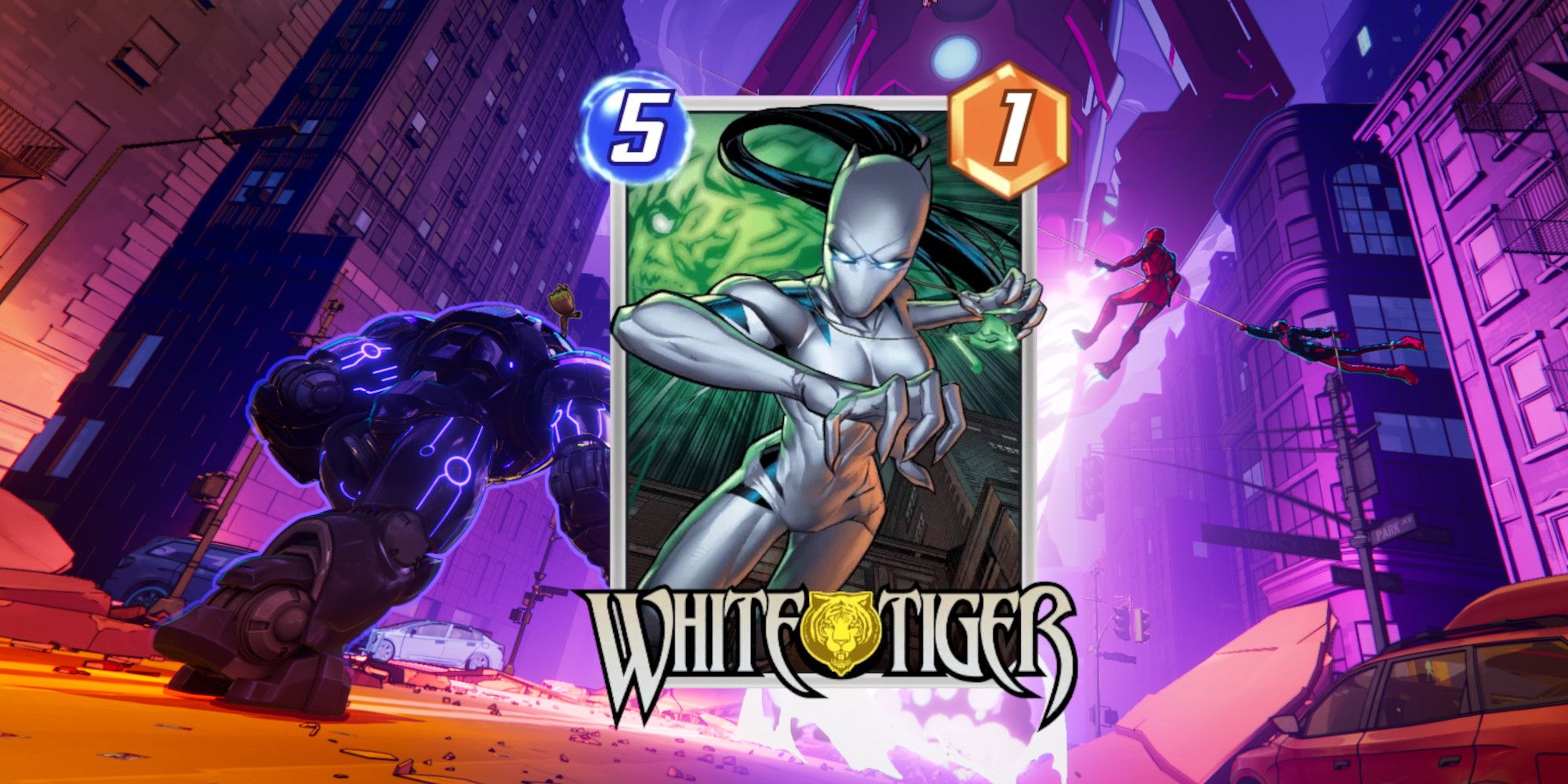 Cartão White Tiger em Marvel Snap sobre imagens promocionais.