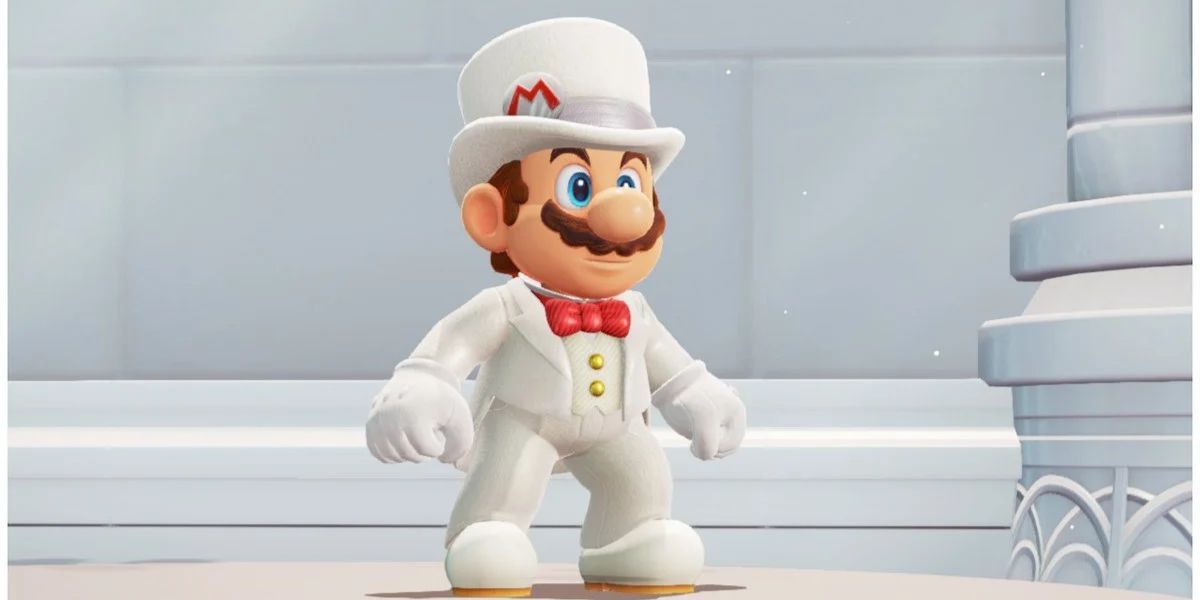 Mario em seu smoking branco de Super Mario Odyssey