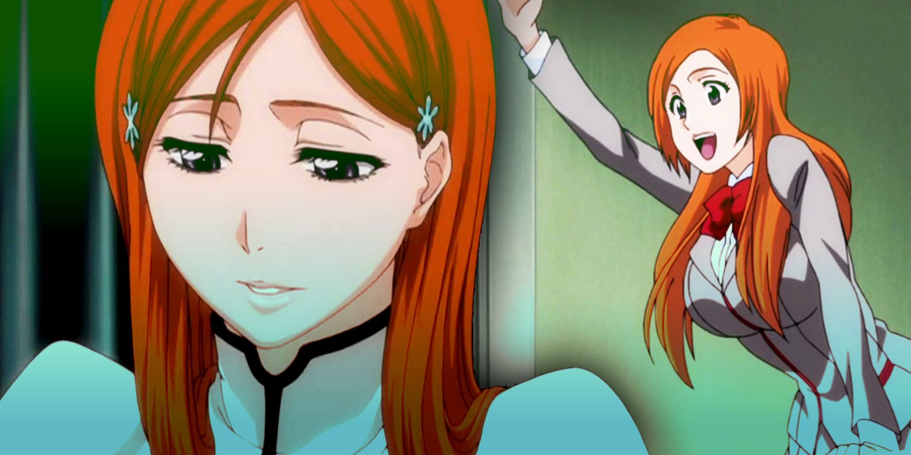 Left: Orihime Inoue looking down in Bleach. Right: Orihime smiling and waving.