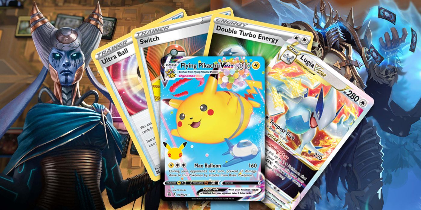 Pokémon TCG cards featured over artwork from Magic: The Gathering and Hearthstone