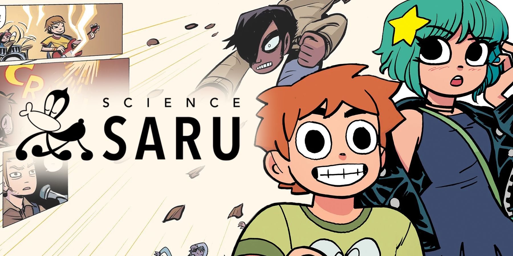 On the left, the Science Saru logo sits atop a comic panel of Matthew Patel flying in for an attack. On the right, Scoot Pilgrim stares excitedly in front of a surprised Ramona. 