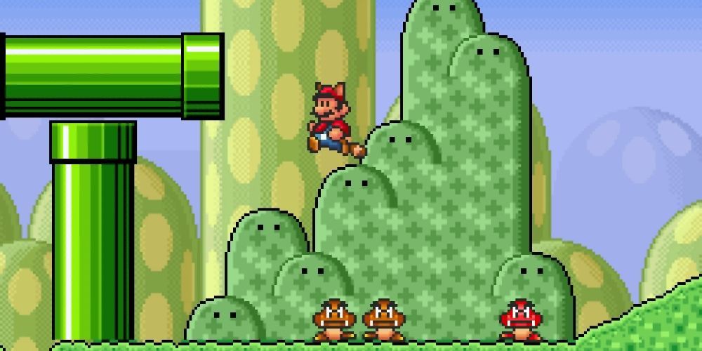 Raccoon Mario saltando sobre 3 Goombas no World 1-2 em Super Mario Bros. 3