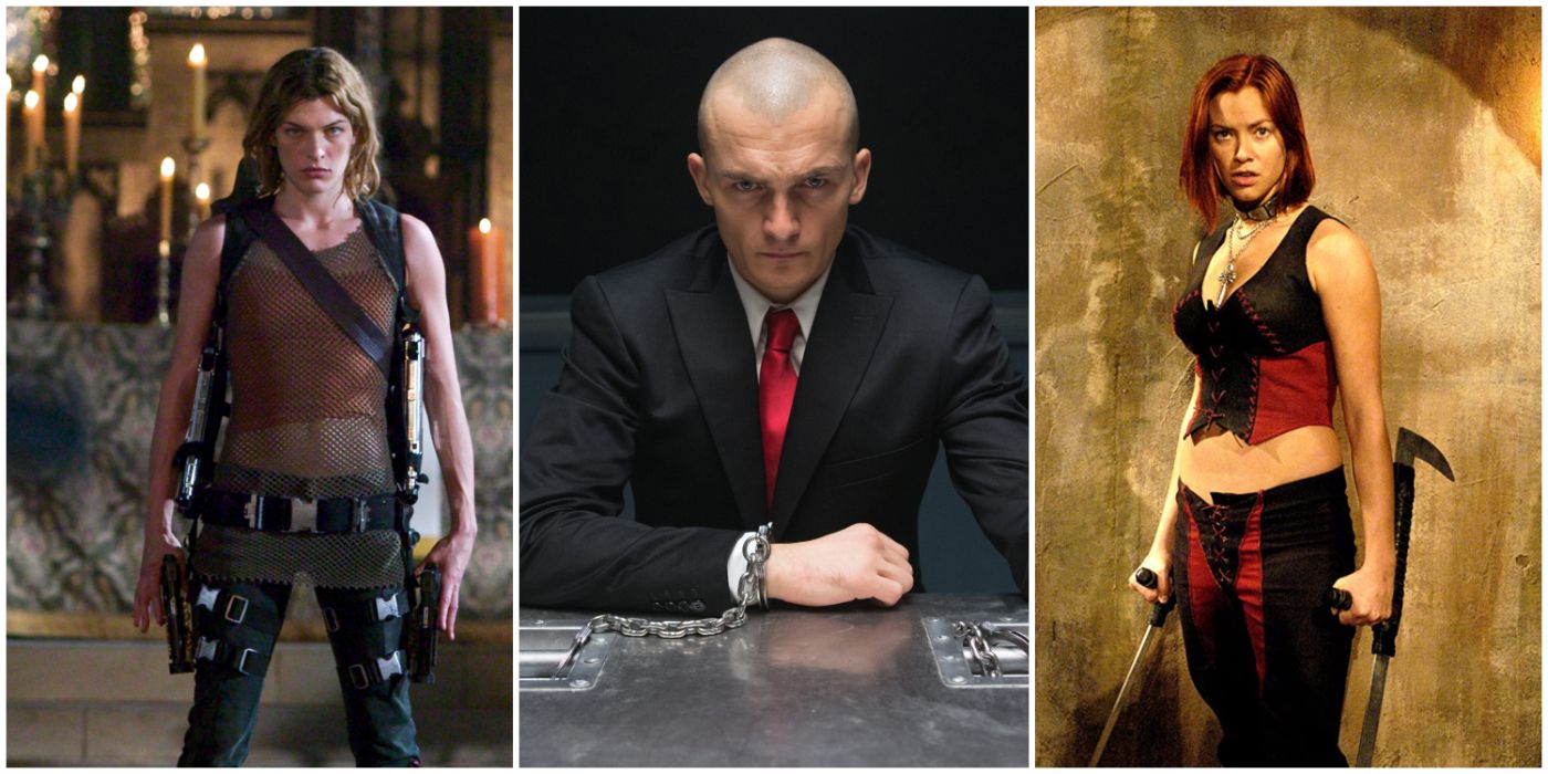 A split image showing Resident Evil: Afterlife, Hitman: Agent 47, and Bloodrayne video game movies