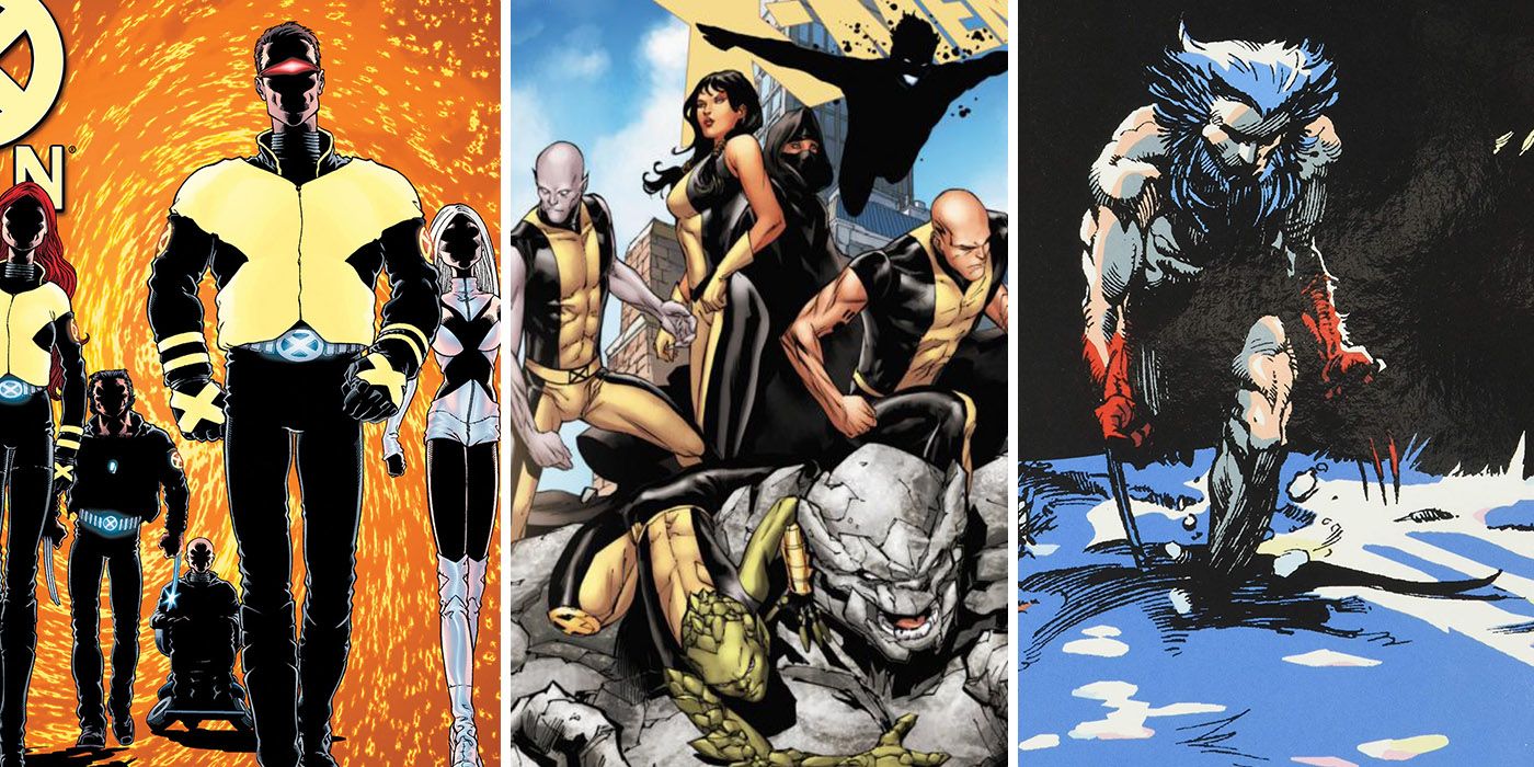 split image of Cyclops leading the New X-Men, the Young X-Men assembled, and Weapon X Wolverine in a snowy forest
