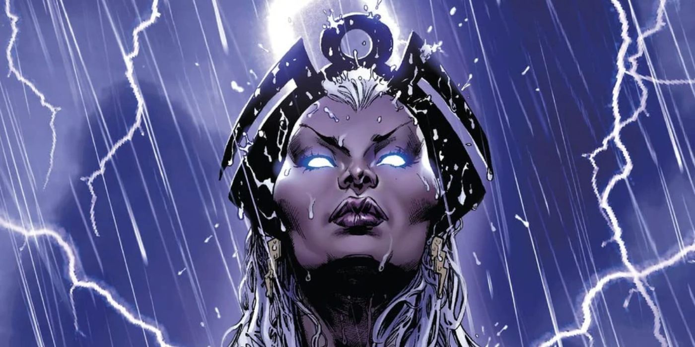 Capa de X-Men Worlds Apart #2 com Tempestade invocando chuva