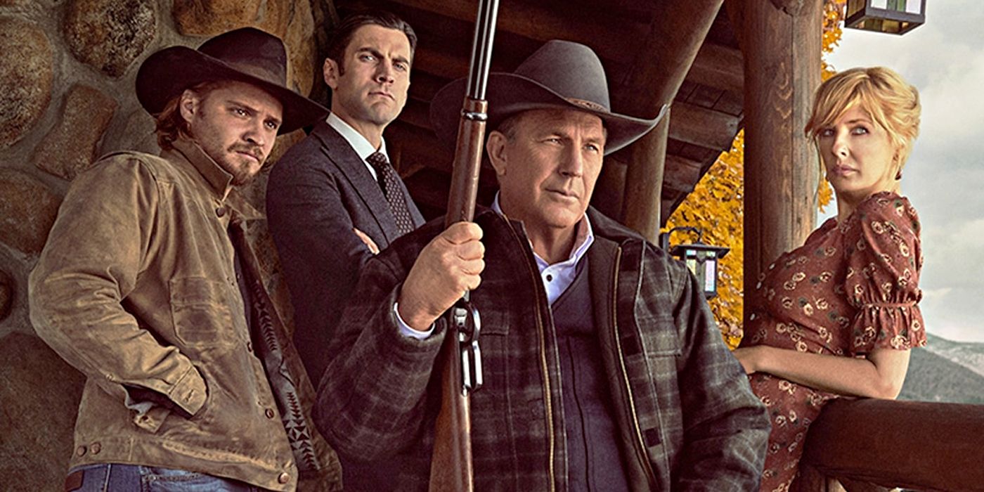 Kevin Costner, Luke Grimes, Kelly Reilly and Wes Bentley as the Dutton Family on Yellowstone