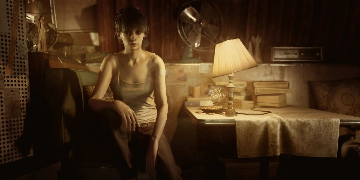 Zoe Baker sentada em seu quarto em Resident Evil 7: Biohazard.