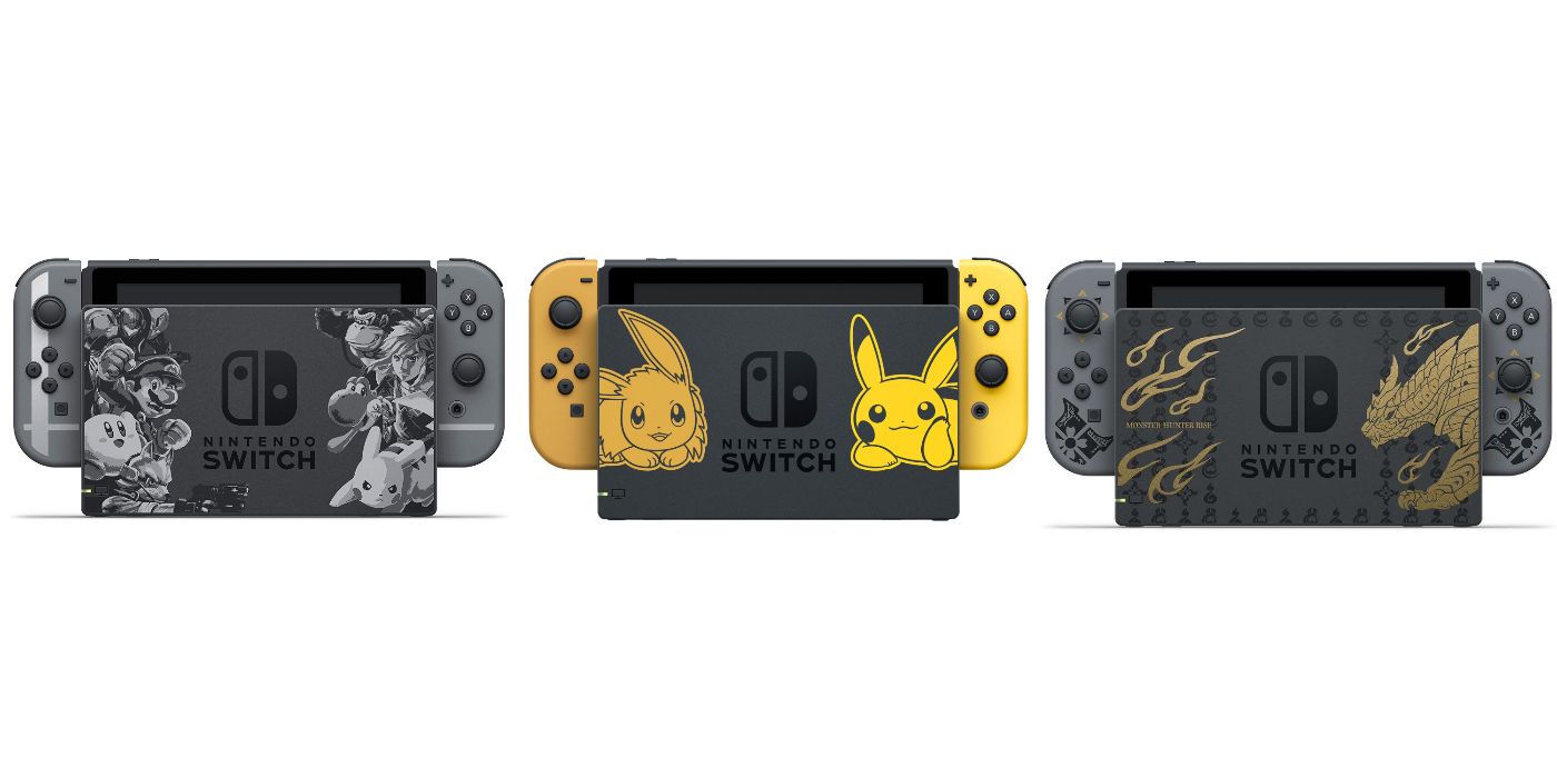 A split image of the Super Smash Bros. Ultimate, Pokemon Let's Go, and Monster Hunter Rise limited edition Nintendo Switches