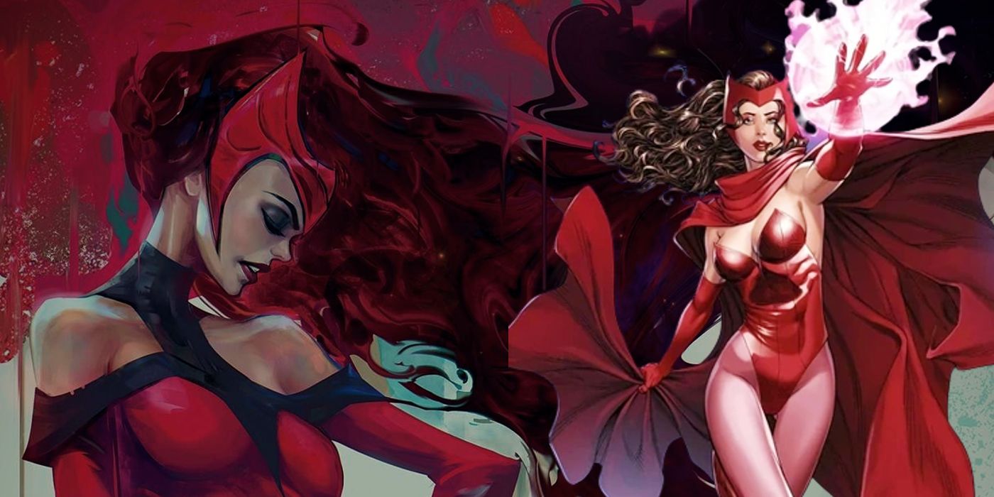 Split image: Scarlet Witch with an energy blast around her hand and wearing her Hellfire Gala dress