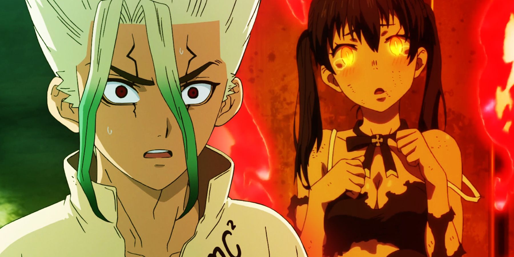 On the left, Dr. Stone of 'Dr. Stone' looks surprised. On the right, Tamaki Kotasu of 'Fire Force' looks bewildered while surrounded by flames. 