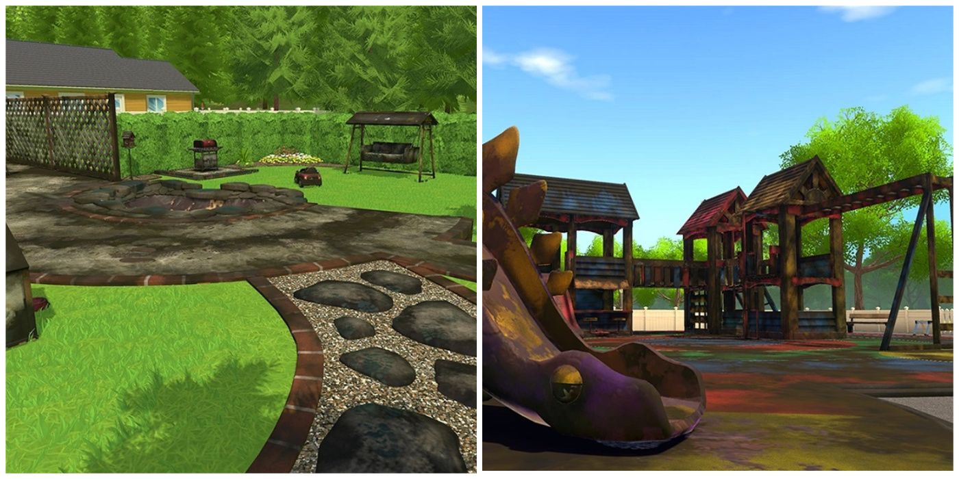 Split image of the back yard stage and the playground stage from Power Wash Simulator