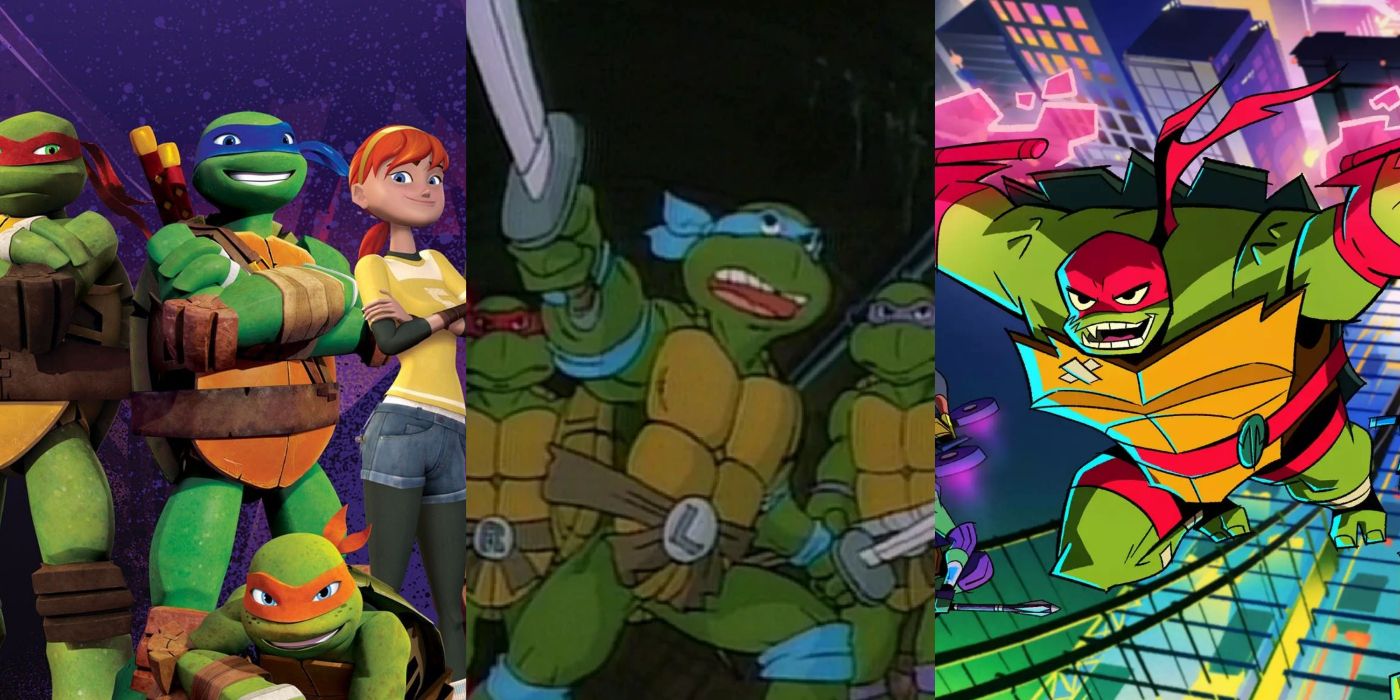 A split image with Raphael, Leonardo, April O'Neal, and Michellangelo from the 2012 TMNT; Raphael, Leonardo, and Donatello from the 1987 TMNT, and Raphael from Rise of the TMNT