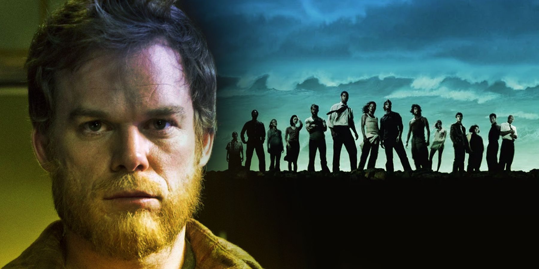 On the left, Dexter from film 'Dexter' stares. On the right, characters from 'Lost' are seen from a distance silhouetted in front of a raging ocean.