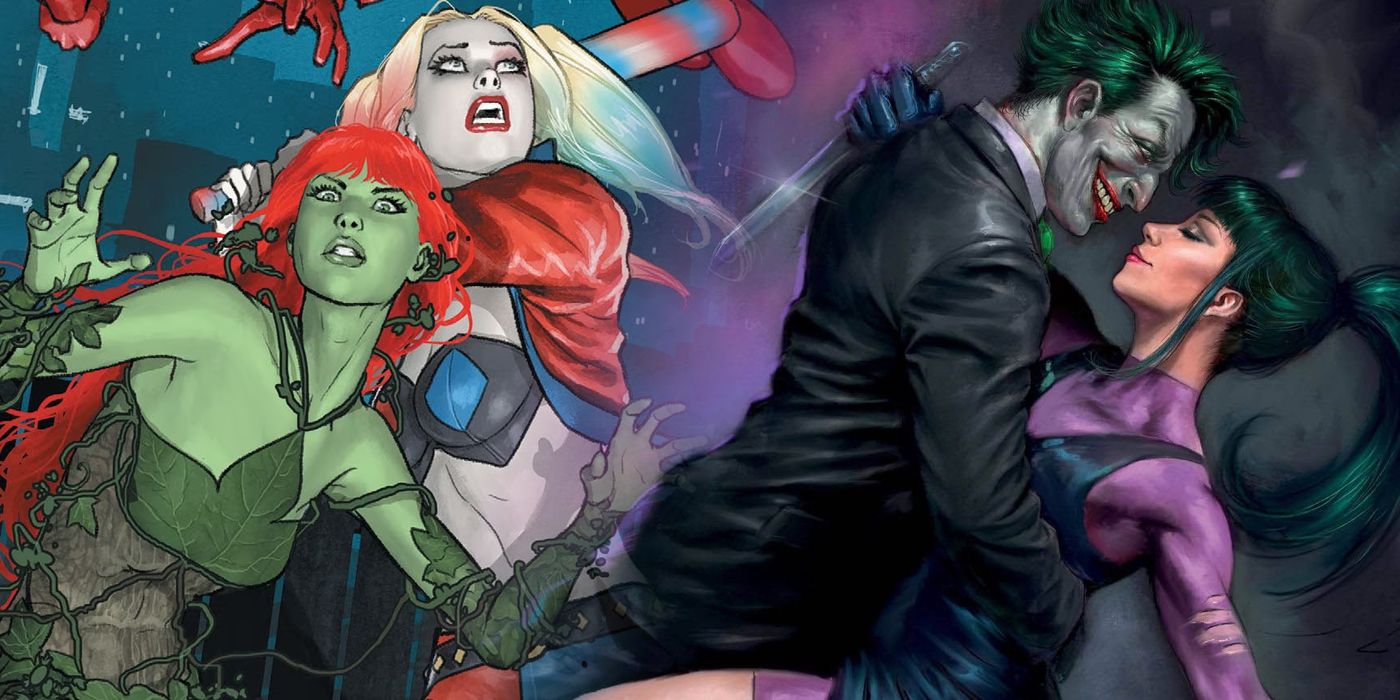 Split image of Poison Ivy with Harley Quinn and Joker with Punchline