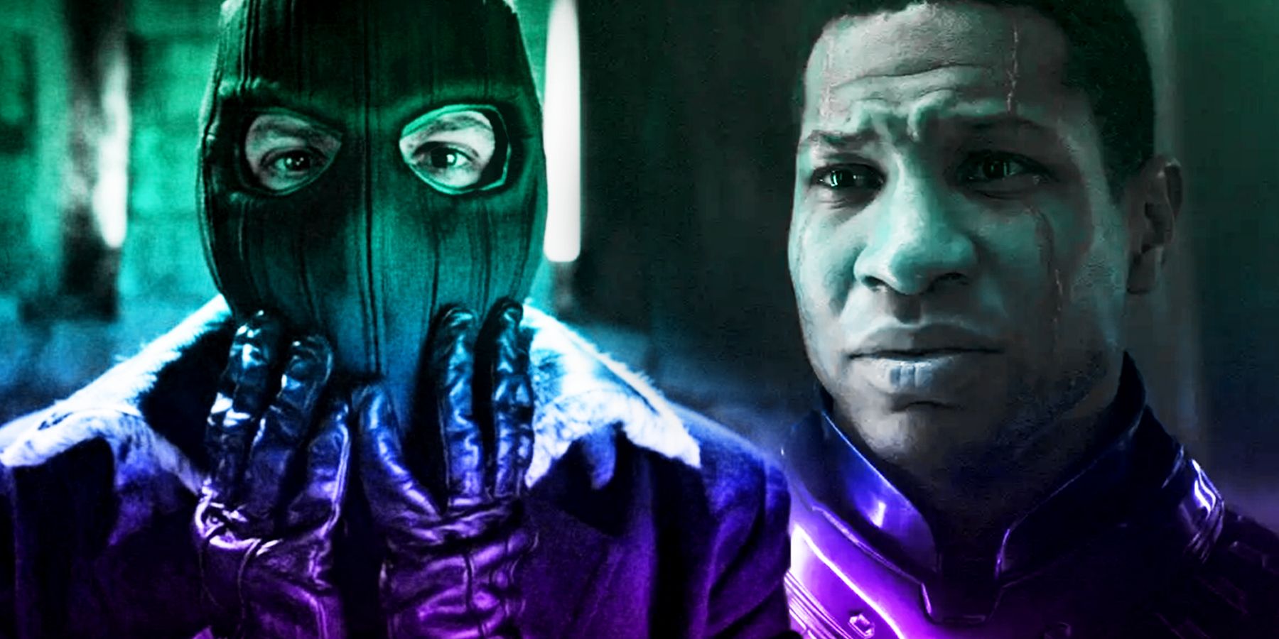 On the left, Baron Zemo puts on his mask. On the right, Kang looks conflicted.