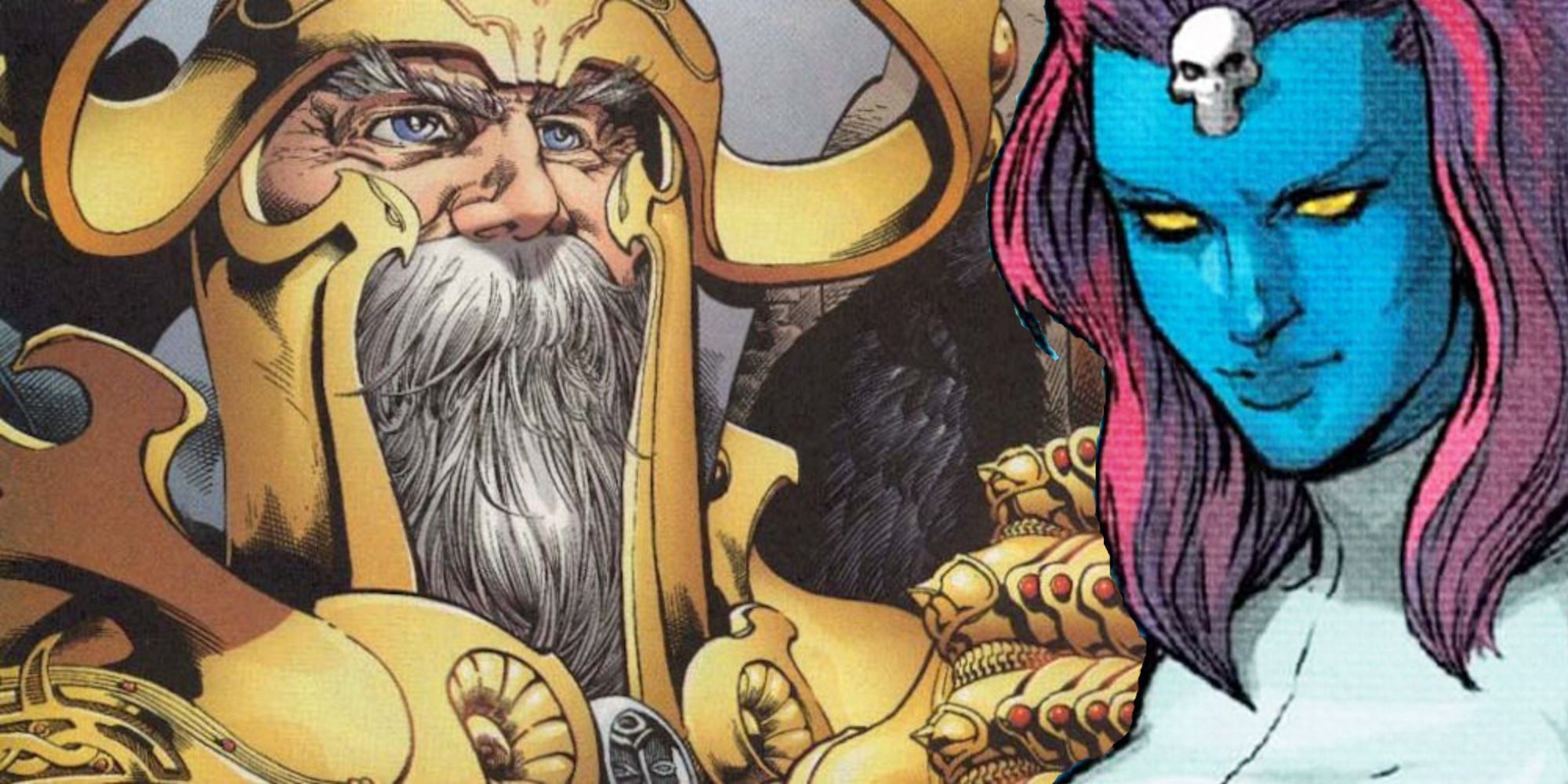split image of Odin and Mystique head shots from Marvel Comics