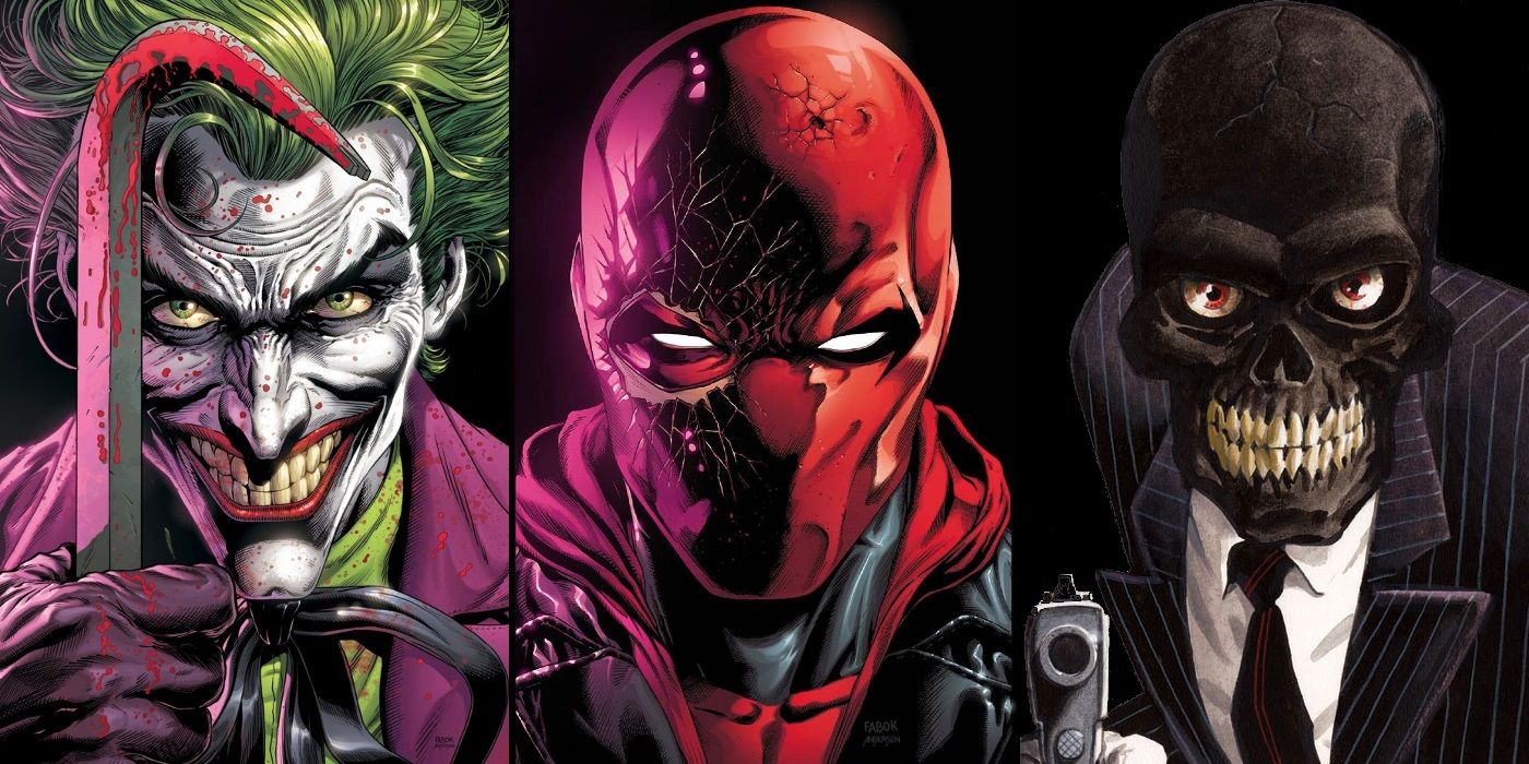 An image of headshots of Joker, Red Hood, and Black Mask on a black background.
