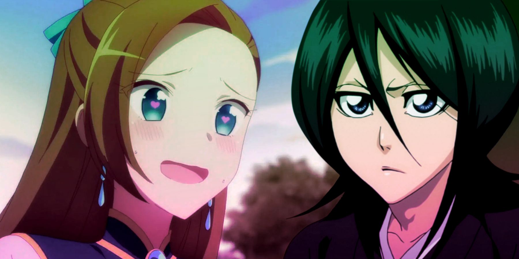 On the left, Katarina Claes of 'My Next Life as a Villainess' blushes and smiles with hearts in her eyes. On the right, Rukia Kuchiki of 'Bleach' frowns.