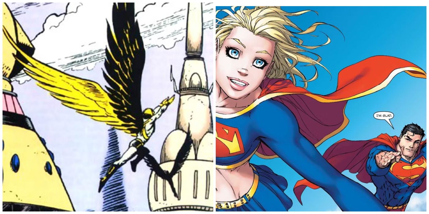 Split image of Thanagar and Supergirl and Superman flying in DC Comics
