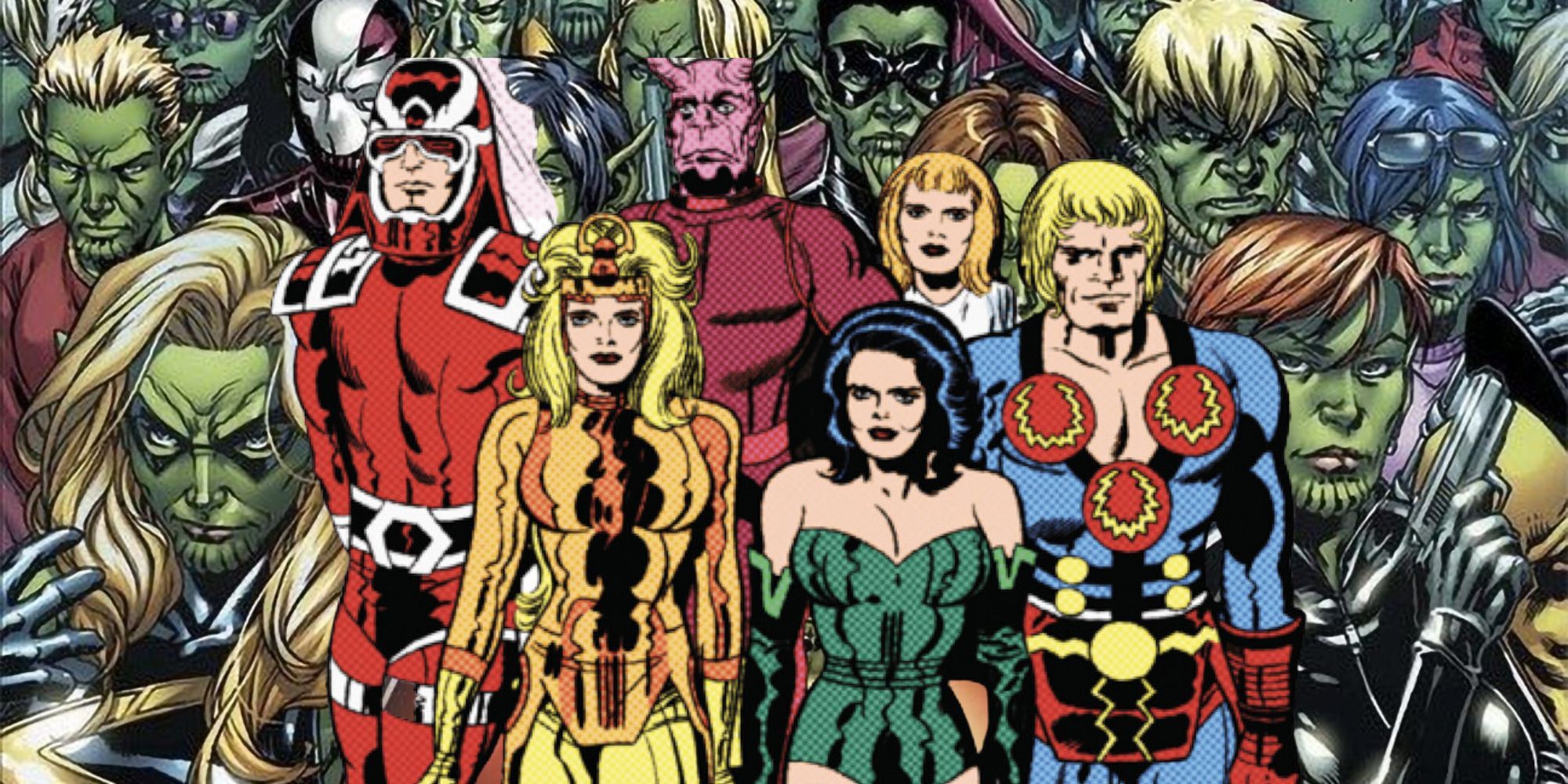 An image collage of Marvel's Eternals in the forefront and an army of Marvel Skrulls behind them