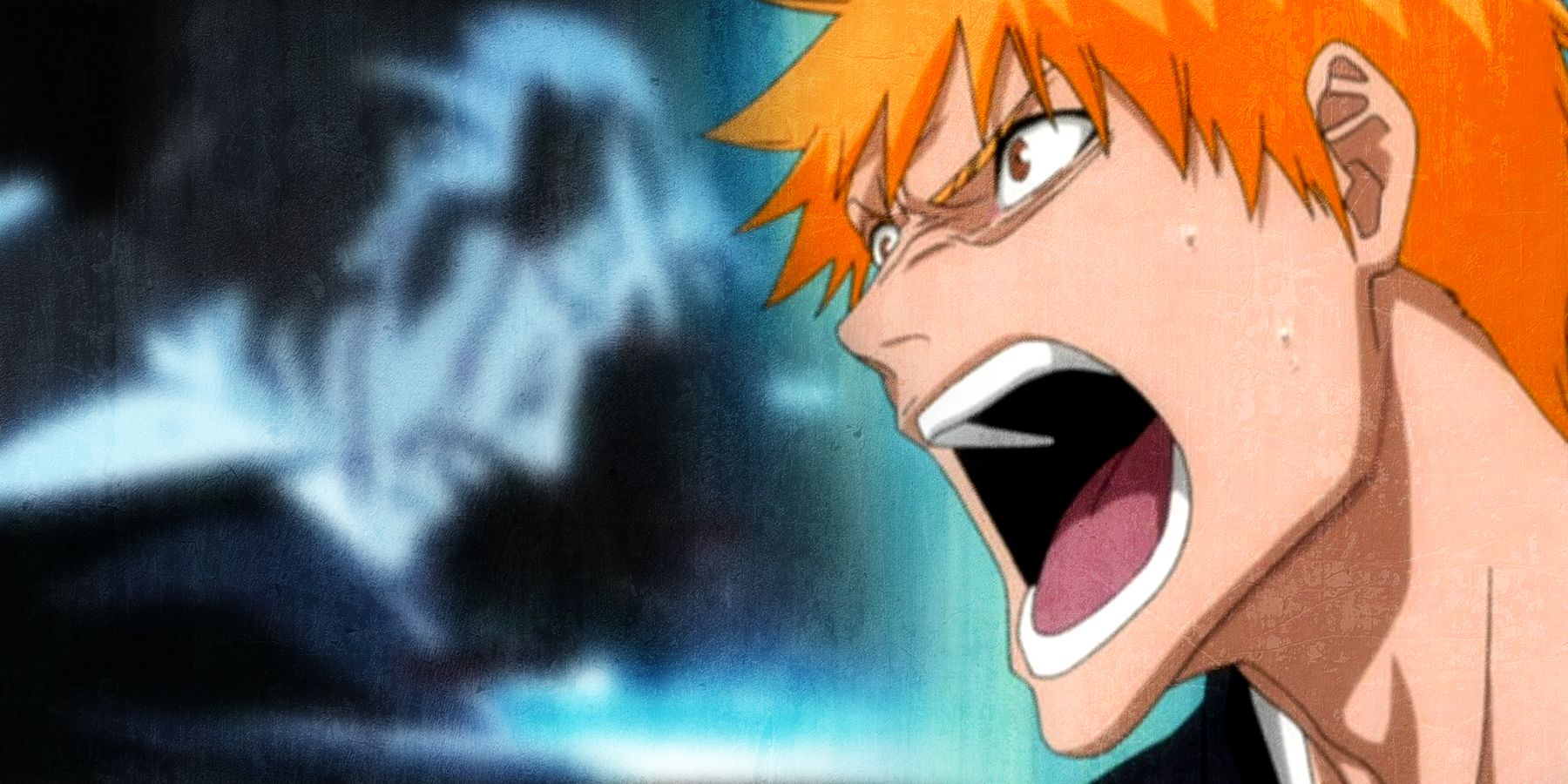 On the right, Ichigo yells in anger while an unclear figure on the left collapses.