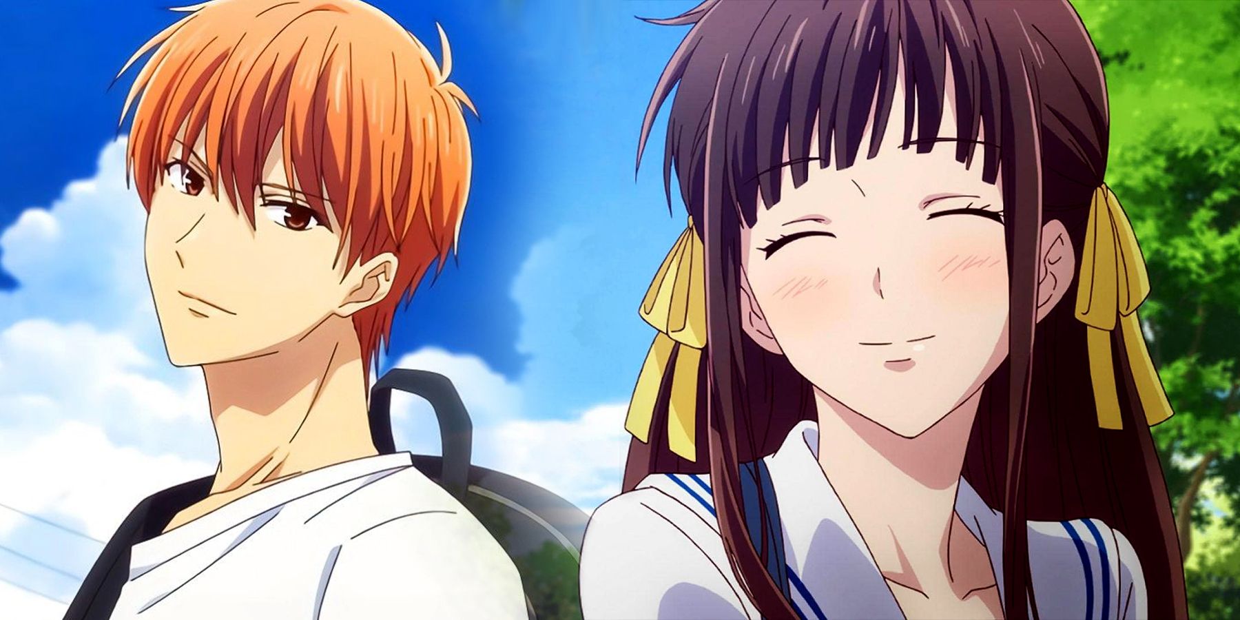 Kyo e Tohru sorrindo no anime de reinicialização do Fruits Basket.