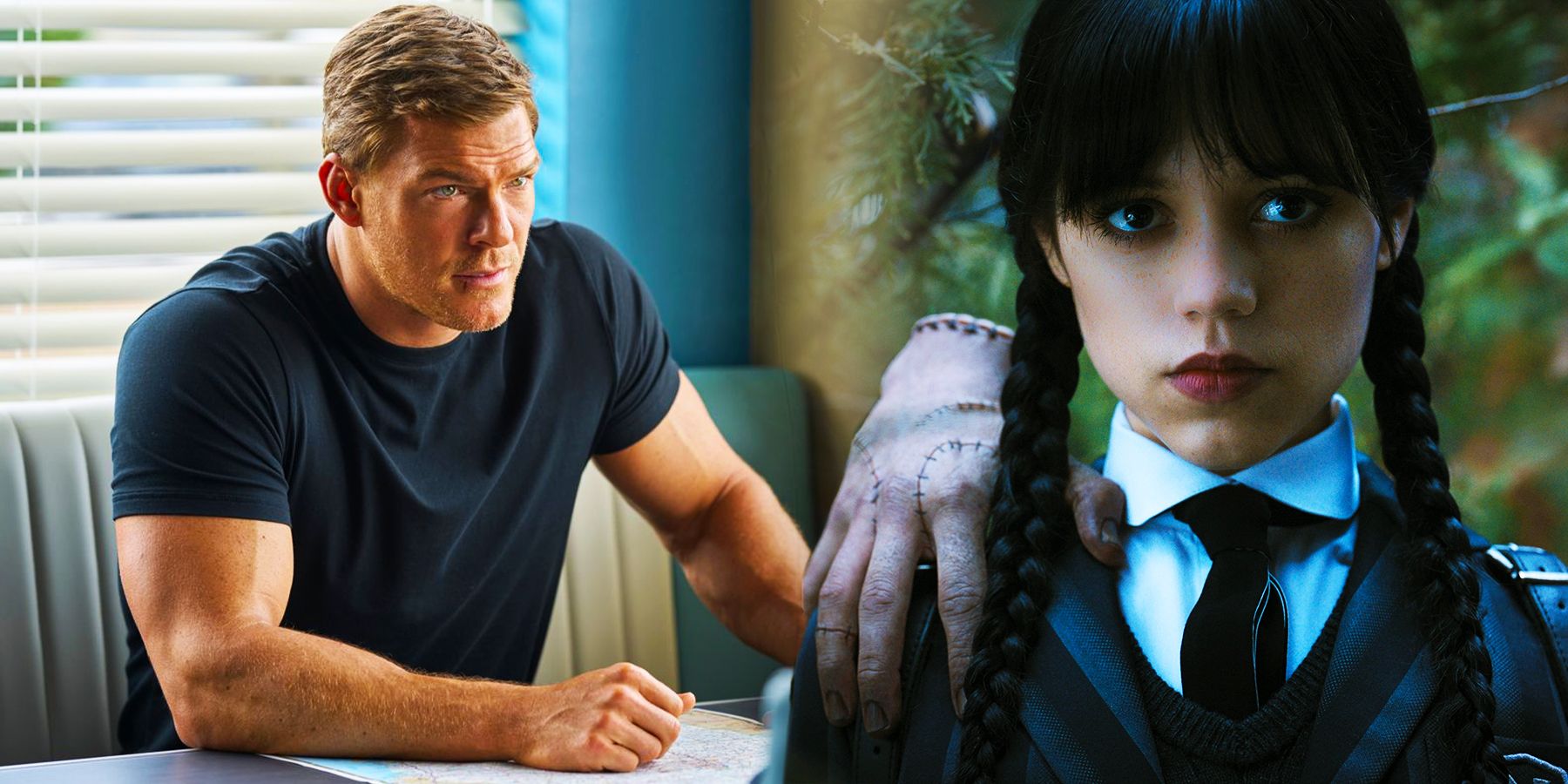 On the left, Jack Reacher sits at a booth with a hand resintg on the table. On the right, Wednesday from show 'Wednesday' looks out with intrigue as Thing sits on her shoulder.